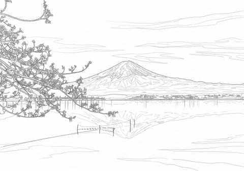 富士山と湖の桜のぬりえ 無料印刷
